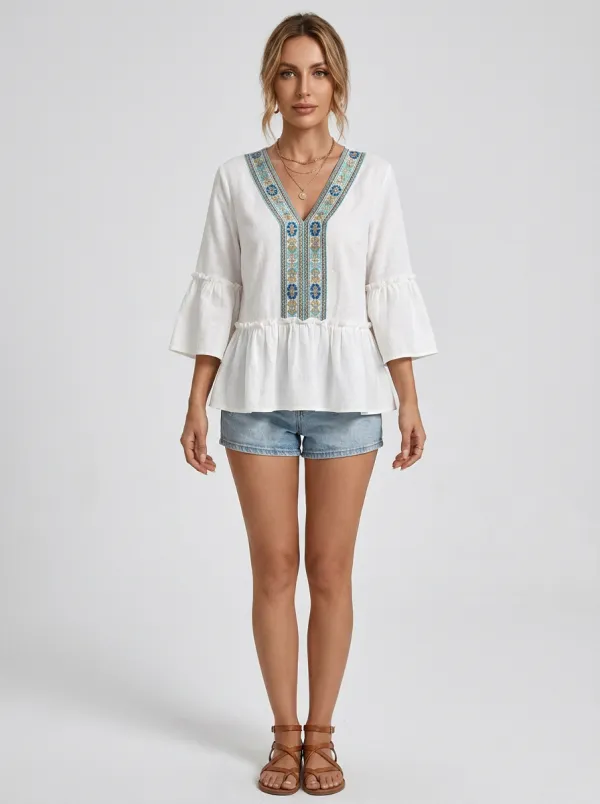 Boho Floral Embroidery Printed Peplum Top