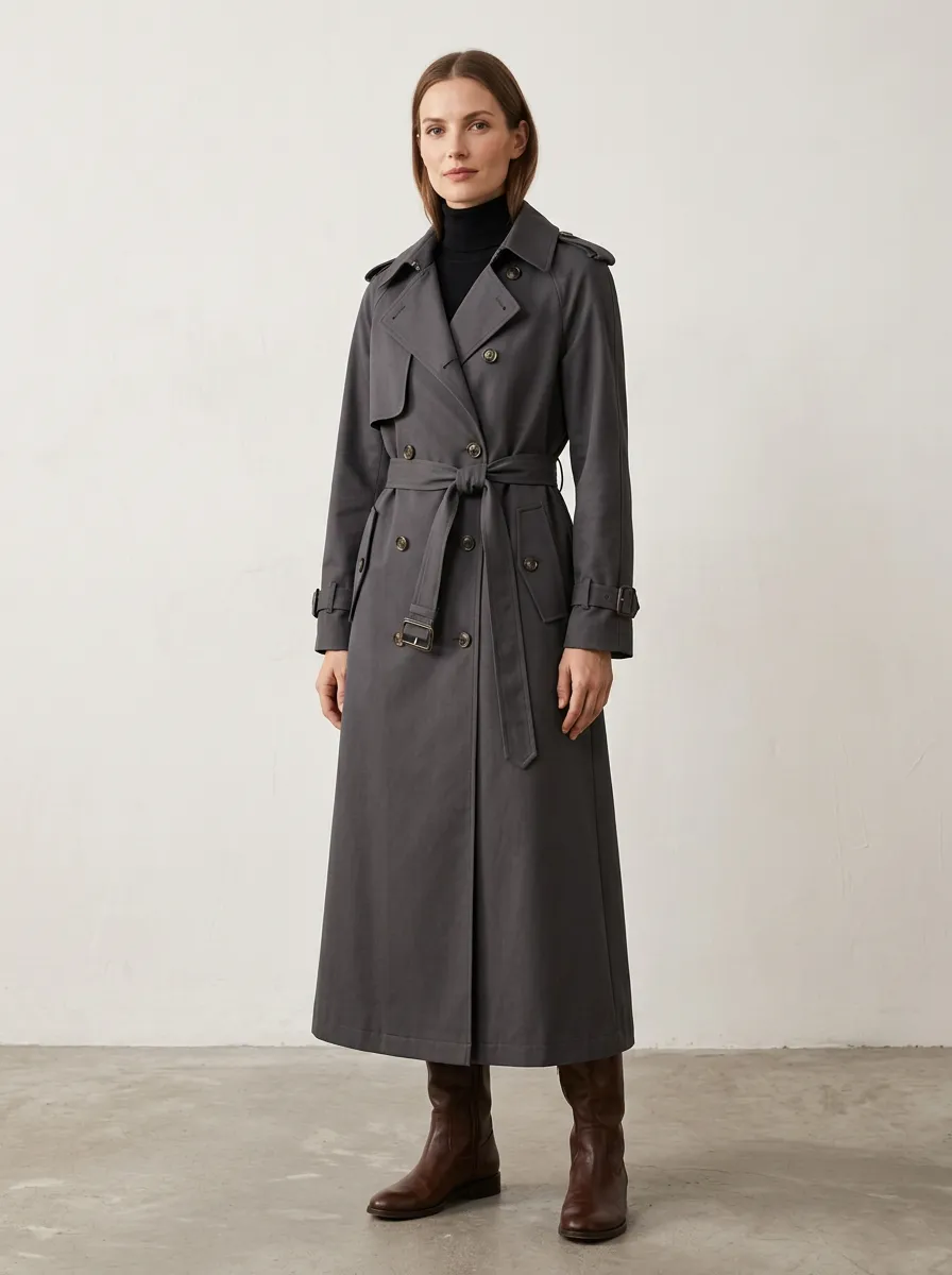 Women's Refined Belted Classic Long Trench Coat