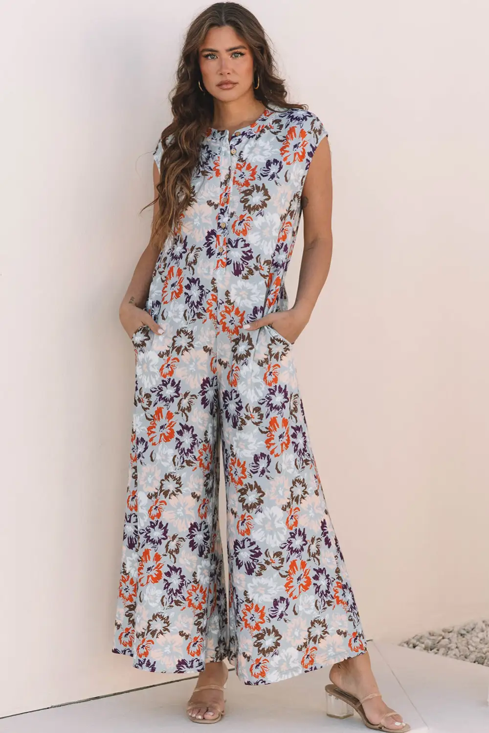 Floral Sleeveless Buttoned Pocketed Wide Leg Jumpsuit