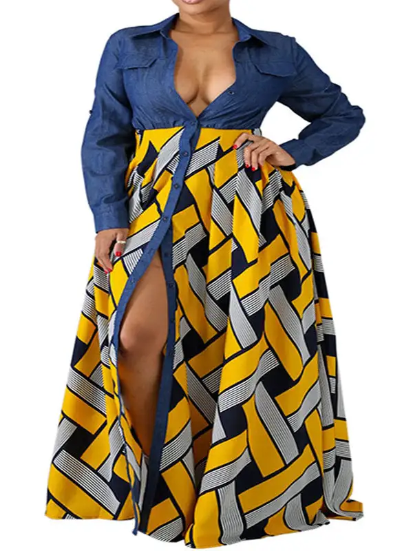 Sleeves Printed Buttoned Long Maxi Dress