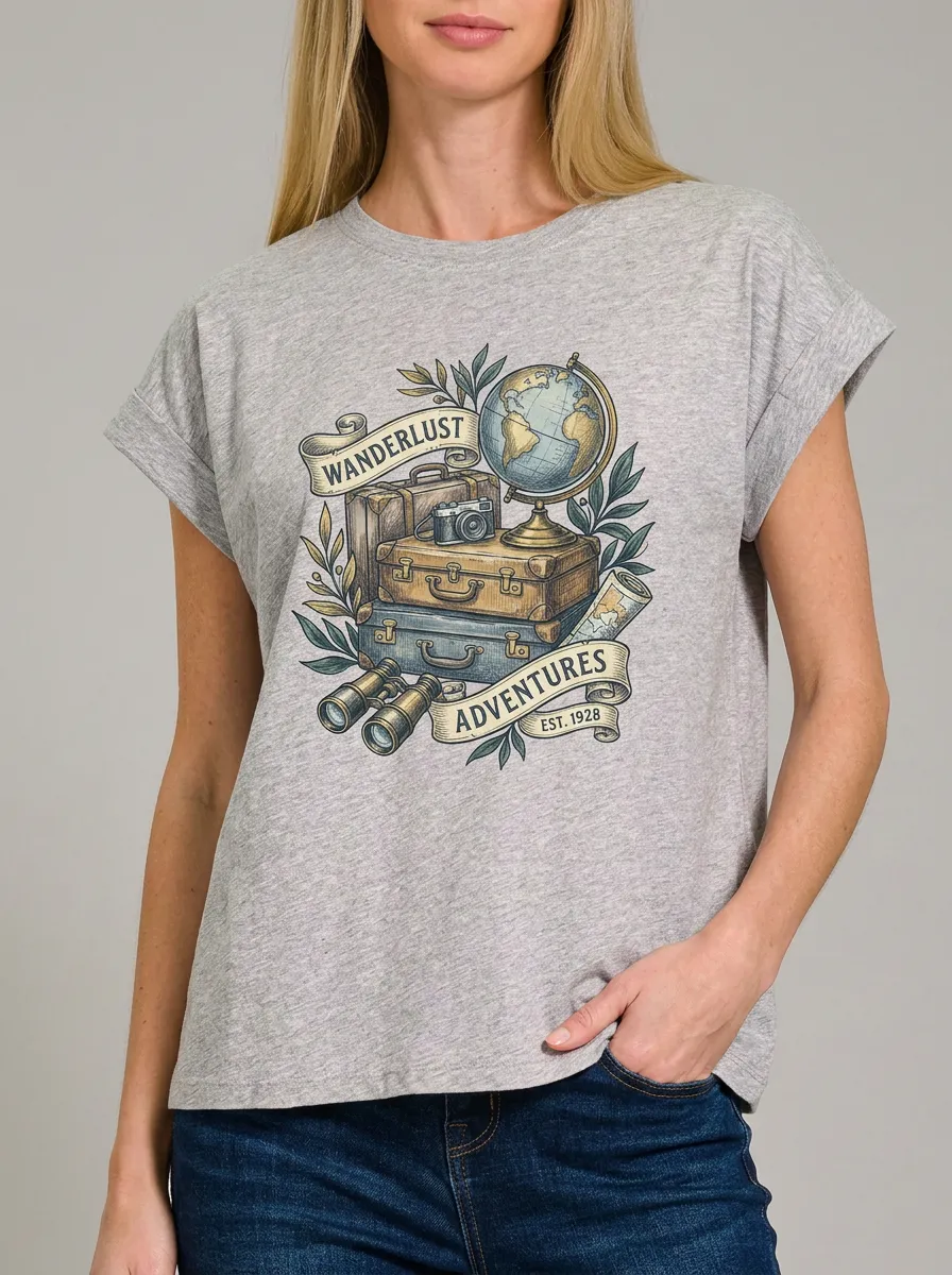 Women's Travel Lover Wanderlust Globe Suitcase Printed T-shirt