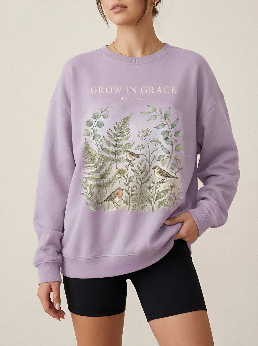 Women's Christian Grow In Grace Botanical Bird Graphic Sweatshirt