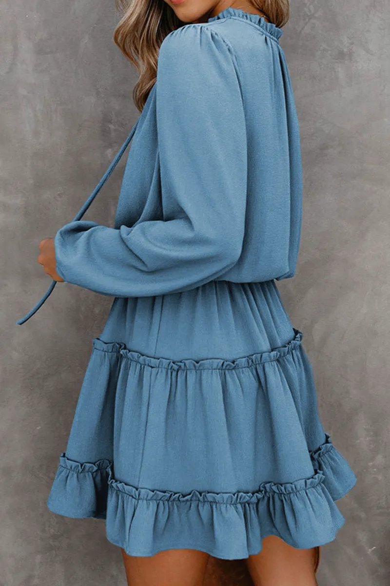 V Neck Long Sleeve Ruffle Tiered Mini Dress