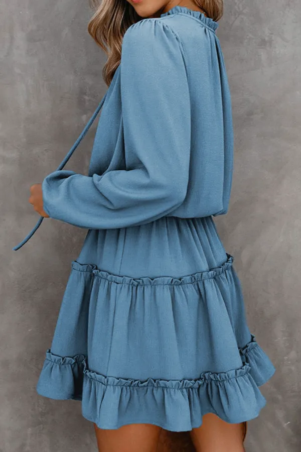 V Neck Long Sleeve Ruffle Tiered Mini Dress