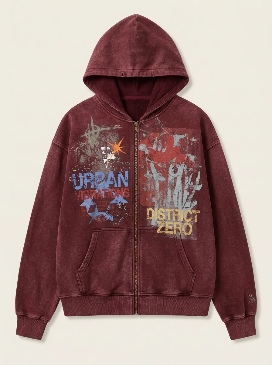 Unisex Streetwear Urban Vibrations District Zero Graphic Printed Zip-up Hoodie