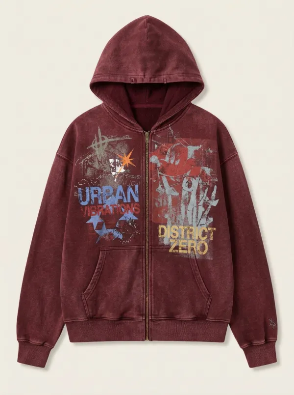 Unisex Streetwear Urban Vibrations District Zero Graphic Printed Zip-up Hoodie