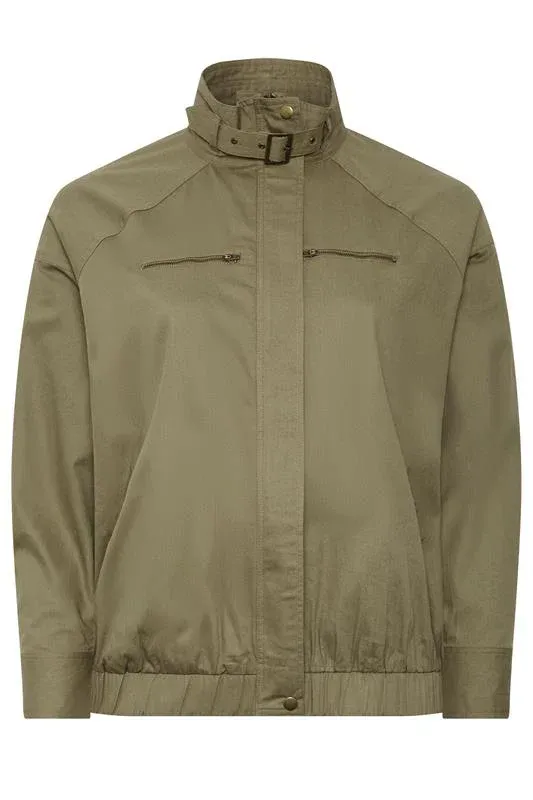 Khaki Green Funnel Neck Twill Shacket