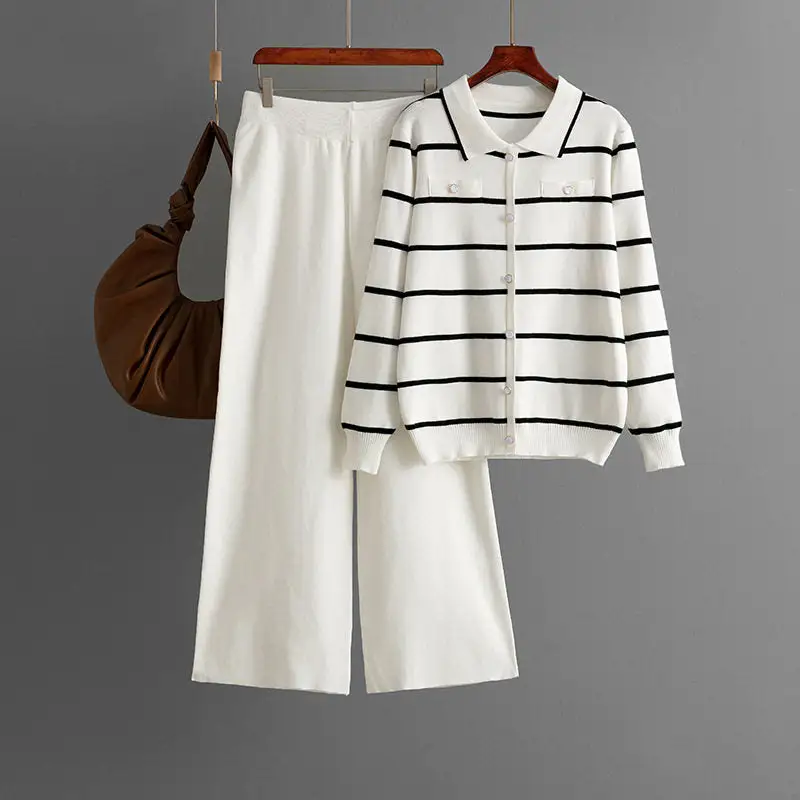 Comfort Striped Polo Knit Sweater And Wide Leg Pants Set