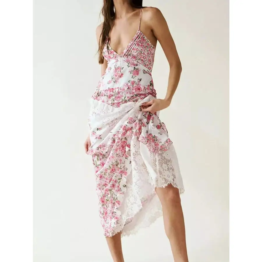 Lace Detail Ruffled Floral V Neck Maxi Dress