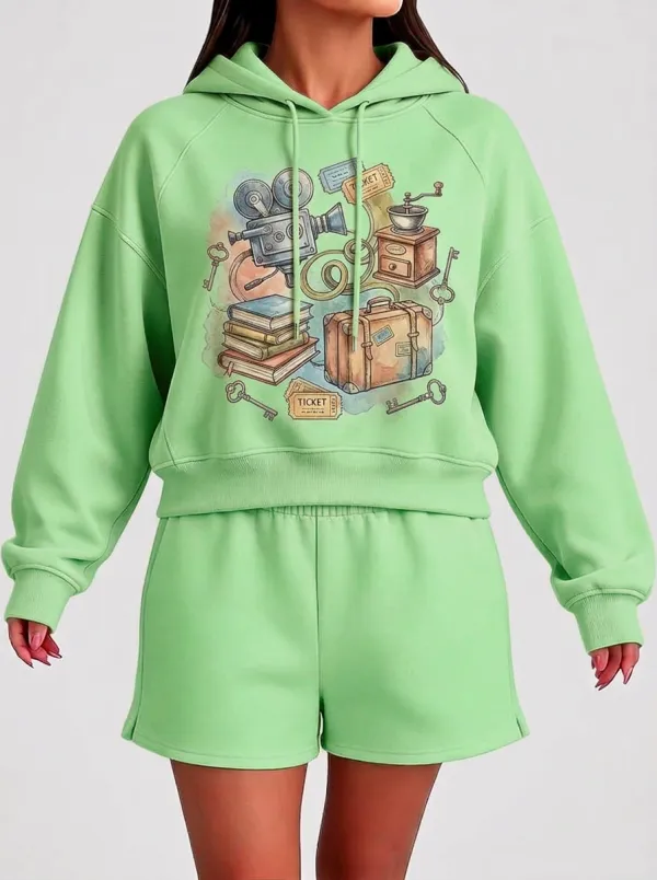 Women's Vintage Travel Inspired Camera Books Printed Hoodie