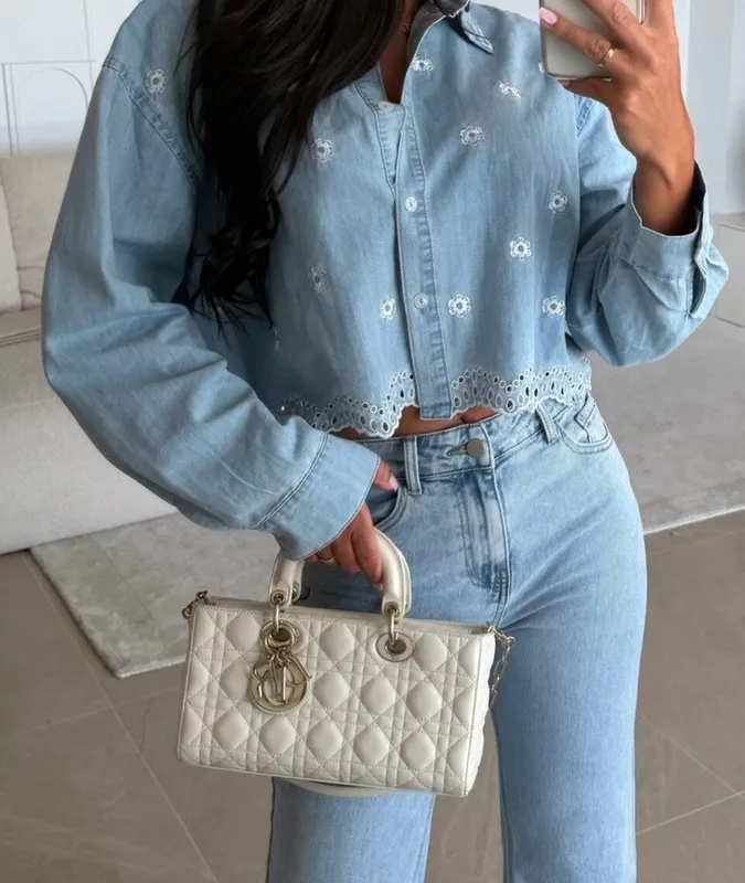Embroidered Cropped Denim Shirt