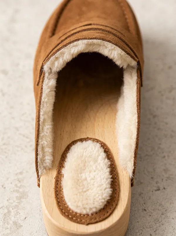 Women's Outdoor Faux Fur Lined Clog Style Casual Suede Wood Sole Loafers