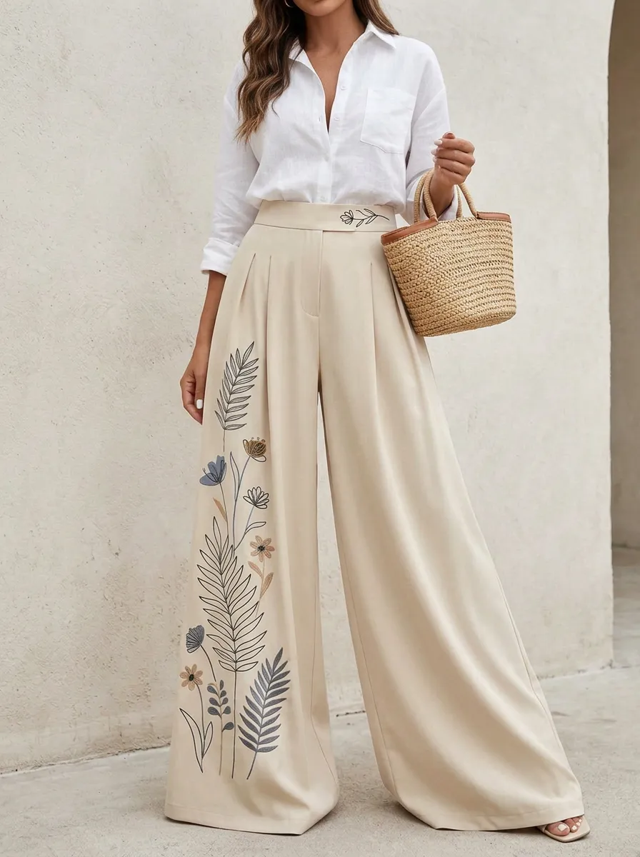 Women's Beige Floral Embroidered Floral Print High-Waisted Wide-Leg Trousers