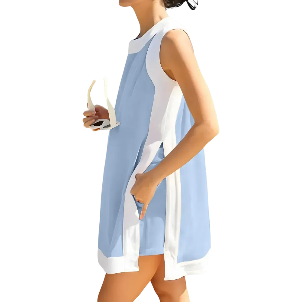 Women’s Color-Blocked Sleeveless Pullover and Shorts Set with Pockets