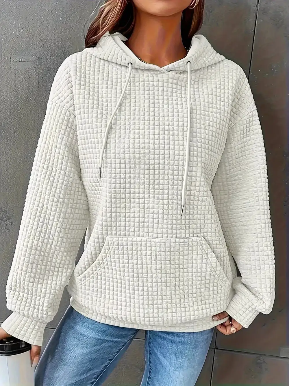 Drawstring Pocketed Textured Knit Hoodie
