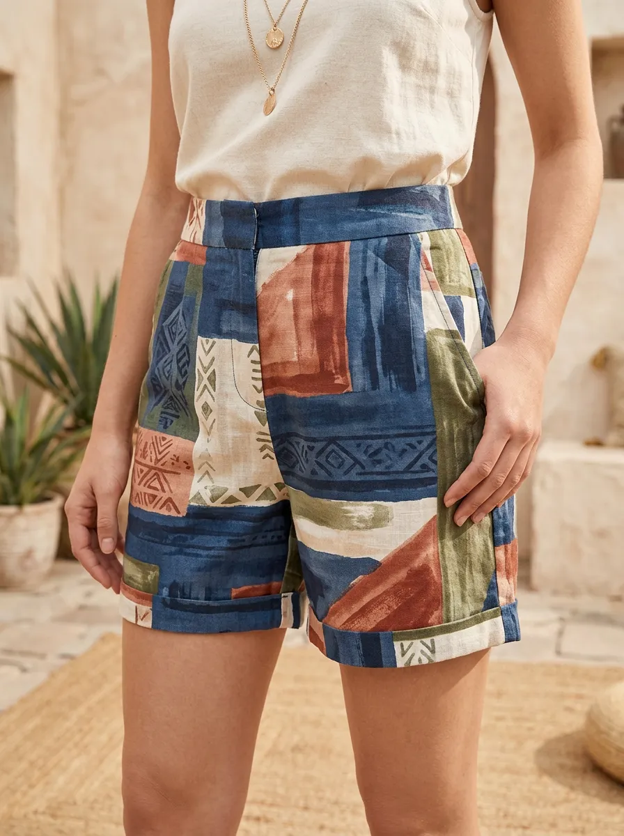 Women's Boho Geometric Pattern Cuffed Hem Printed Shorts