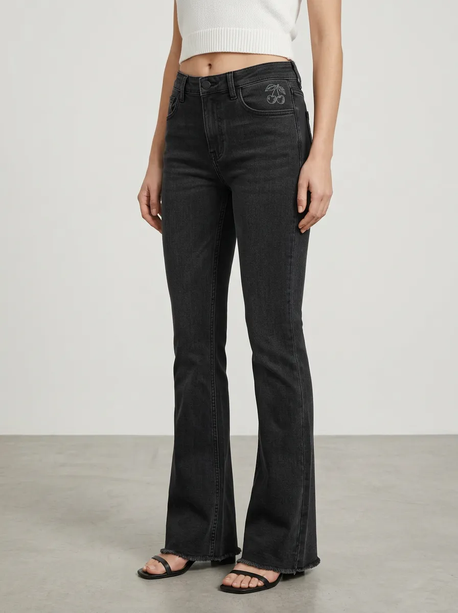 Women's Cherry Coin-Pocket Embroidered Frayed-Hem High-Rise Flare Jeans