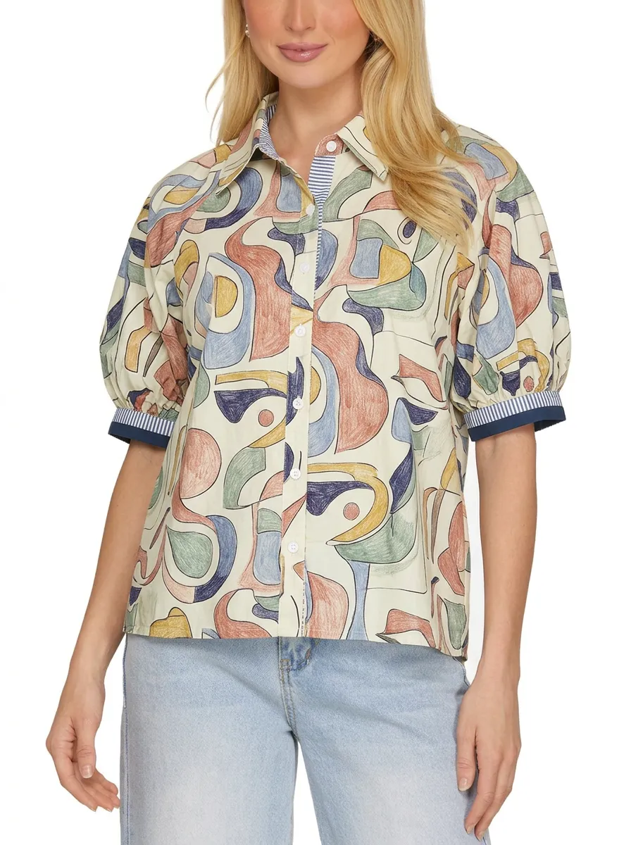 Women's Abstract Art Pattern Printed Puff Sleeve Shirt