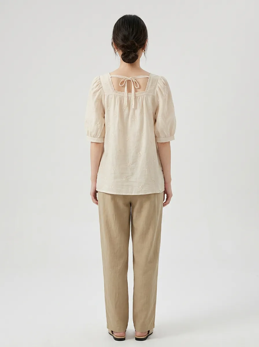 Casual Embroidered Women's Puff-Sleeve Blouse