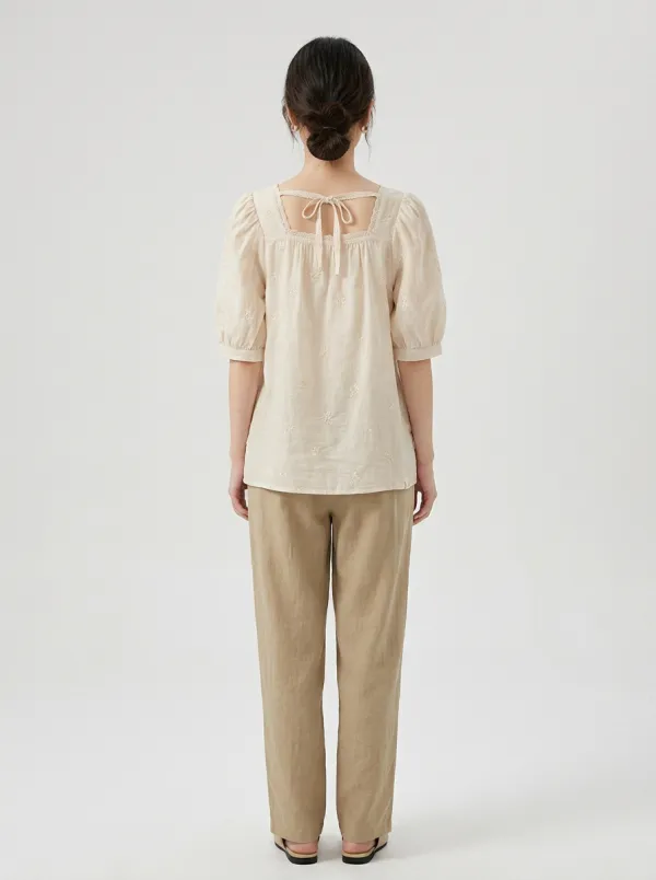 Casual Embroidered Women's Puff-Sleeve Blouse