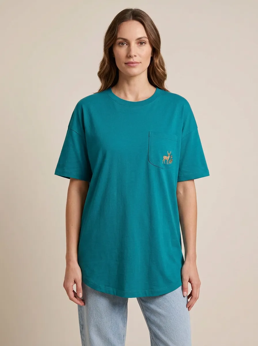 Women's Deer Embroidered Pocket Crewneck T-Shirt