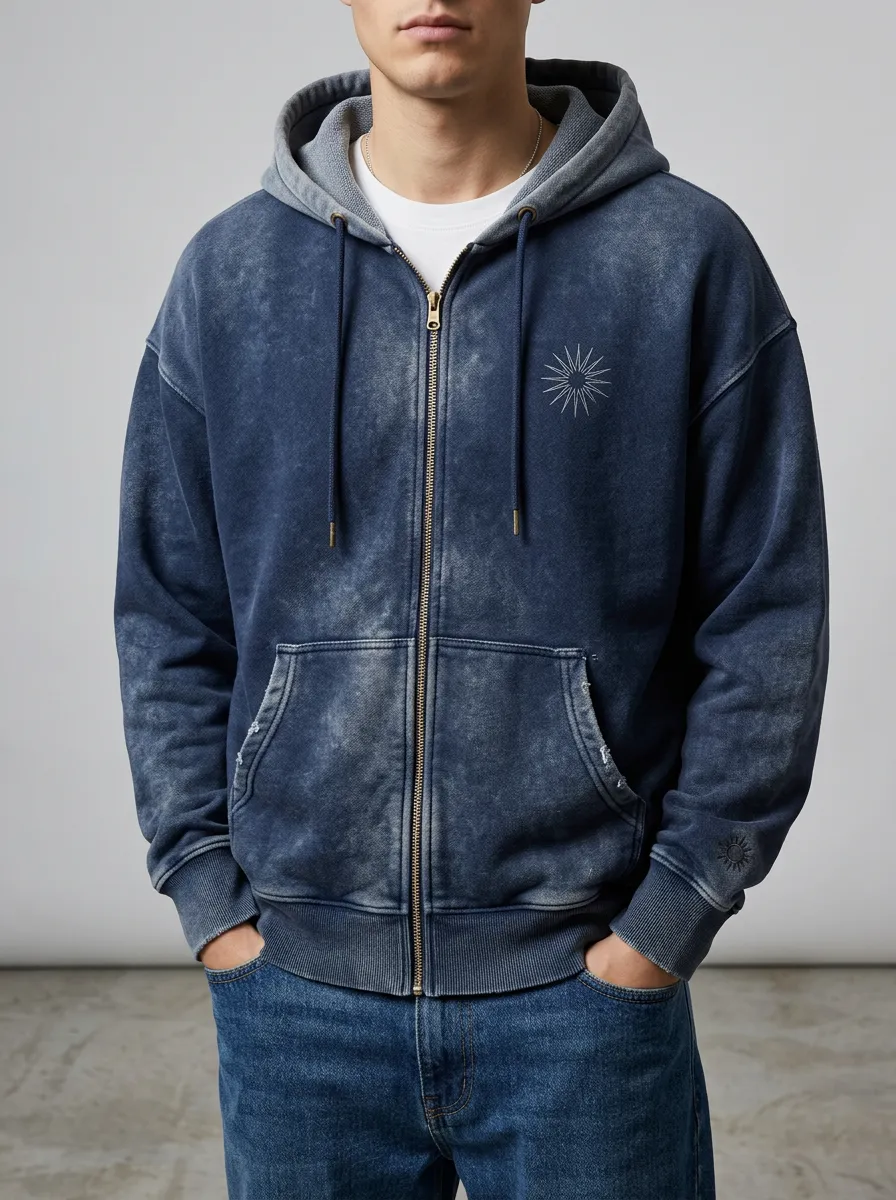 Men's Minimalist Sunburst Graphic Acid Wash Printed Zip Hoodie