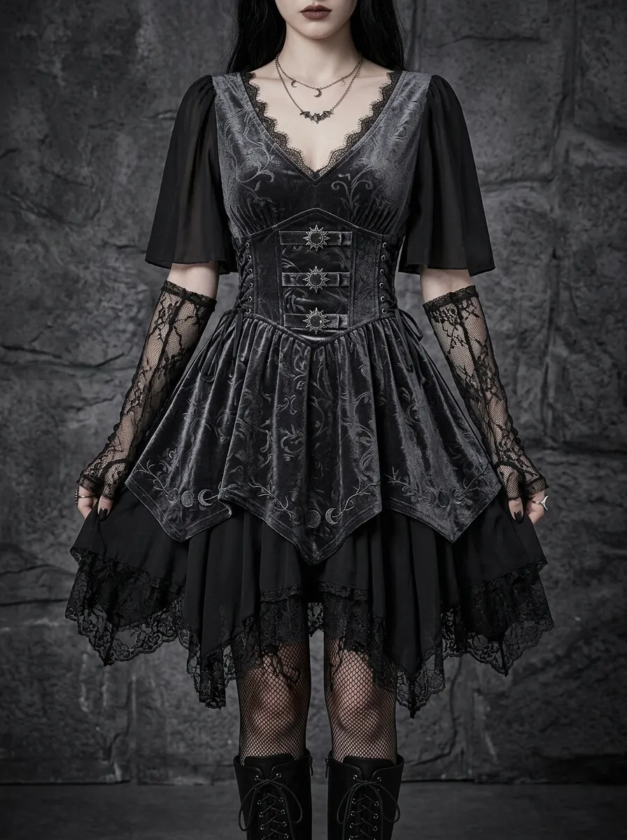 Women's Gothic Moon Sun Pattern Velvet Lace Printed Mini Dress