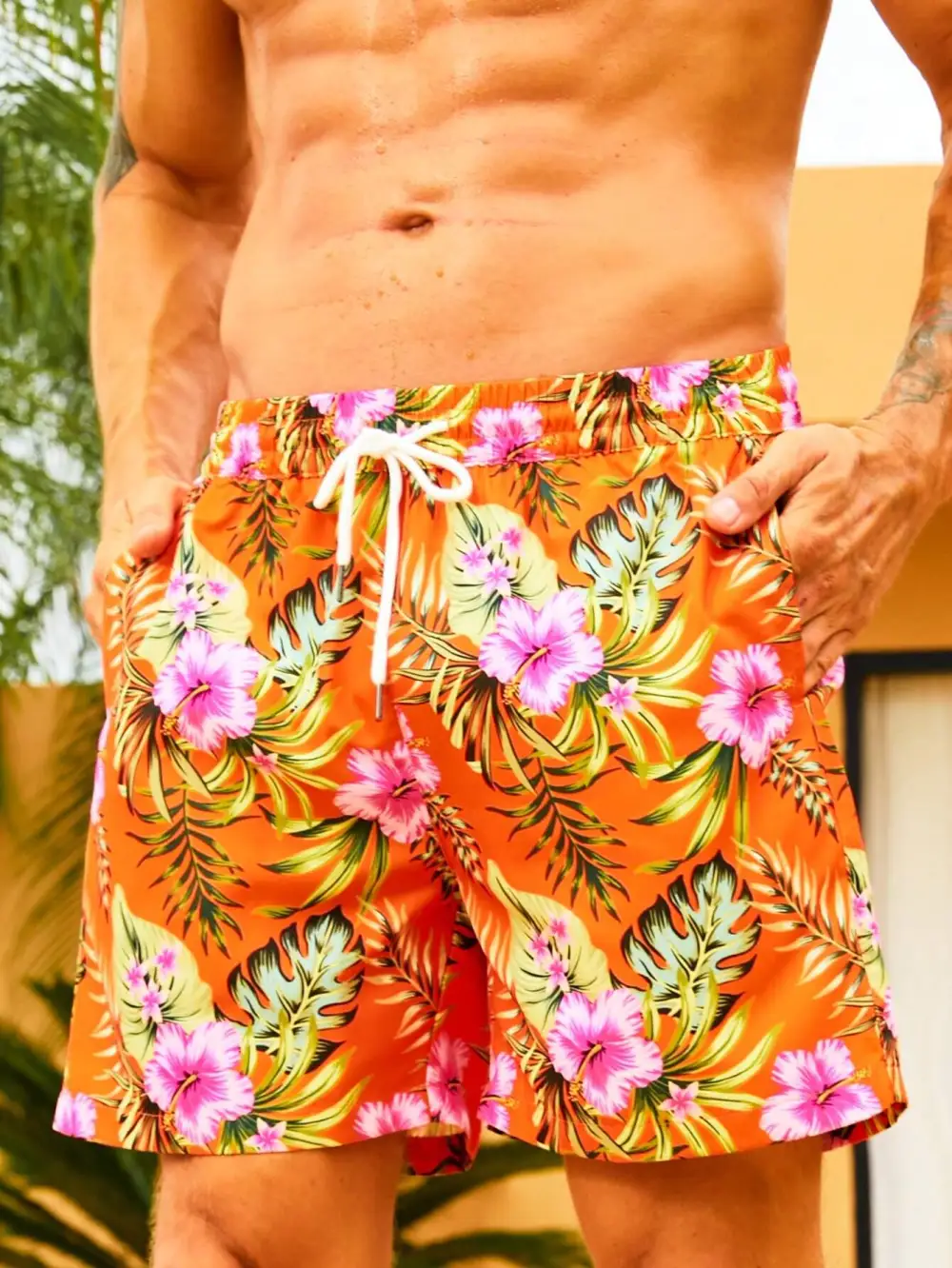 Men's Coastal Drawstring Tropical Allover Print Beach Shorts