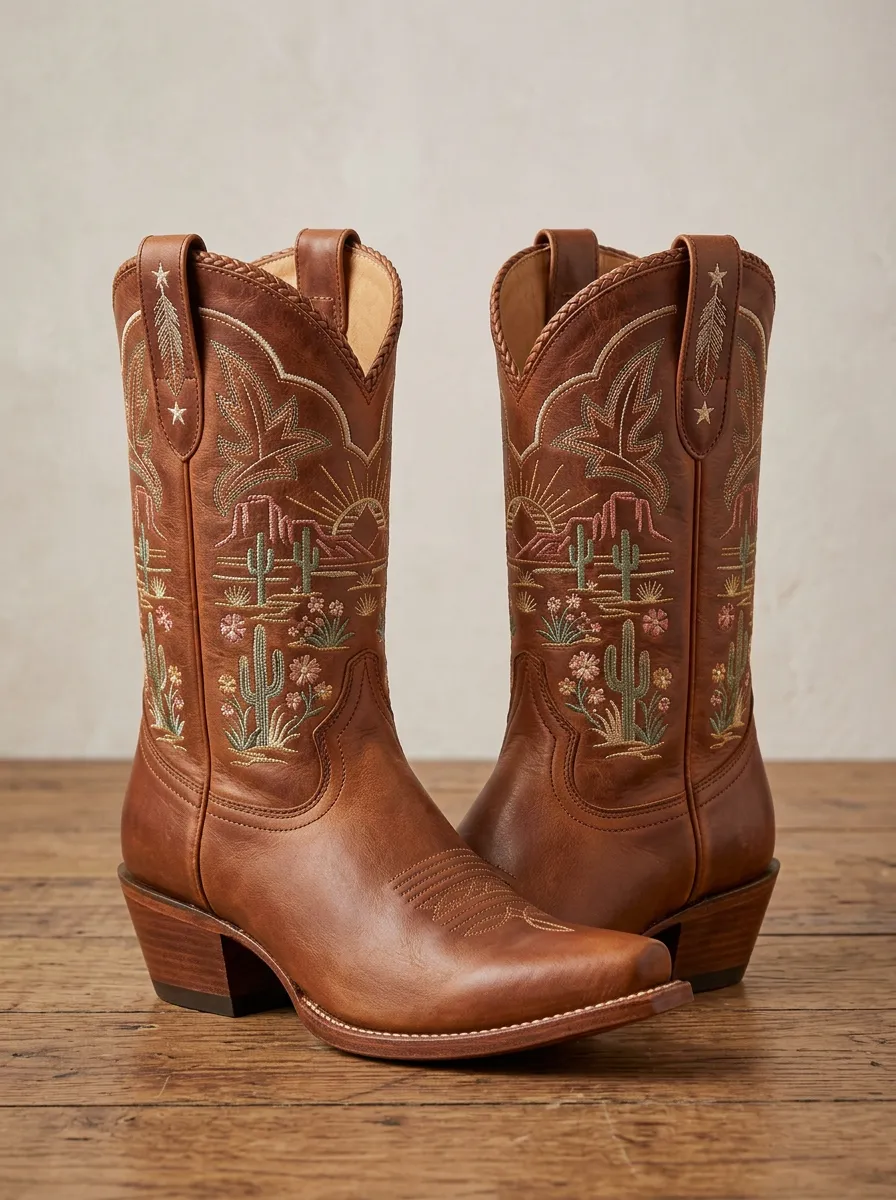 Desert Cactus Embroidered Heritage Look Unisex Western Cowboy Boots