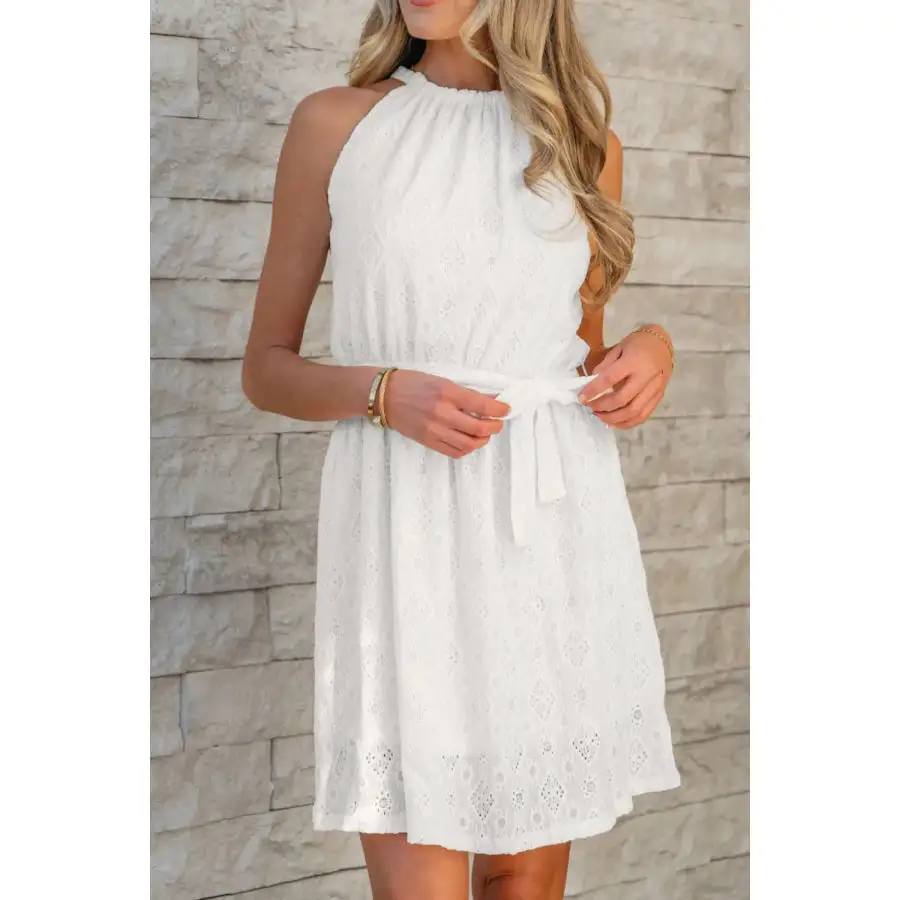 Lace Sleeveless Tied Waist Mini Dress