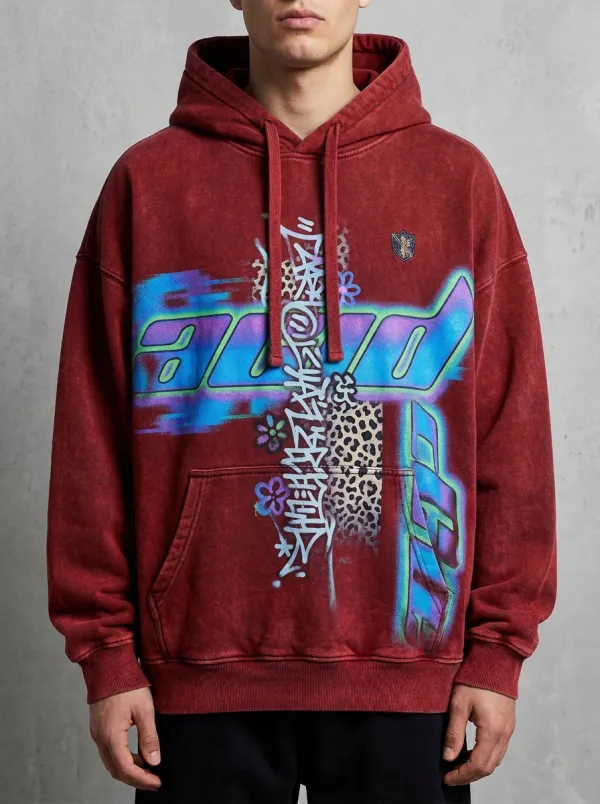 Men's Urban Streetwear Graffiti Leopard Floral Hoodie