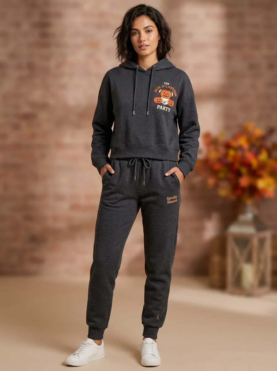 Women's Halloween Pumpkin Jack-O-Lantern Printed Lounge Set
