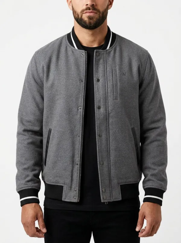 Men's Casual Blue Wool Blend Striped Ribbed Varsity Jacket
