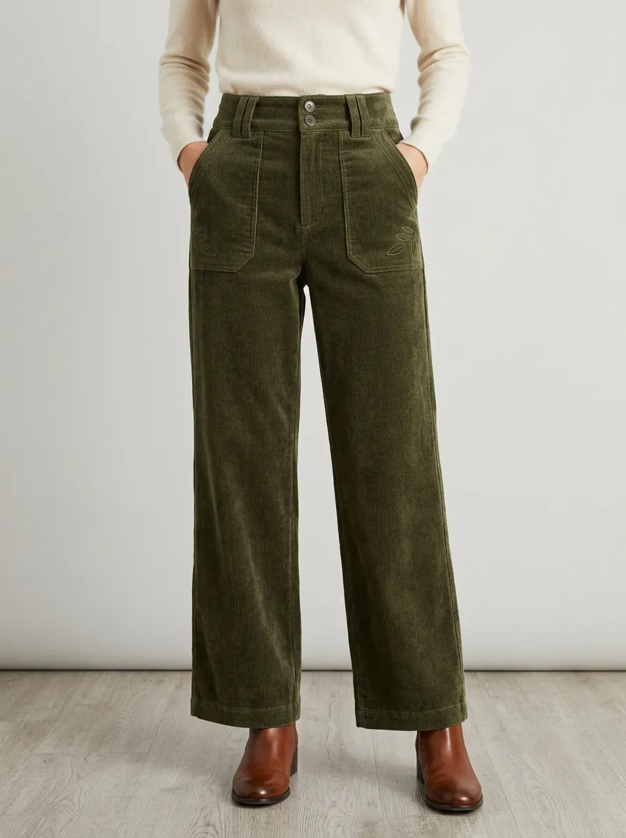 Women's Botanical Leaf Embroidered Olive Corduroy Pants