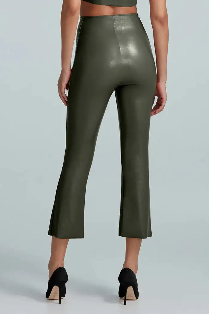 Women's Olive Faux Leather Crop Flare Pants