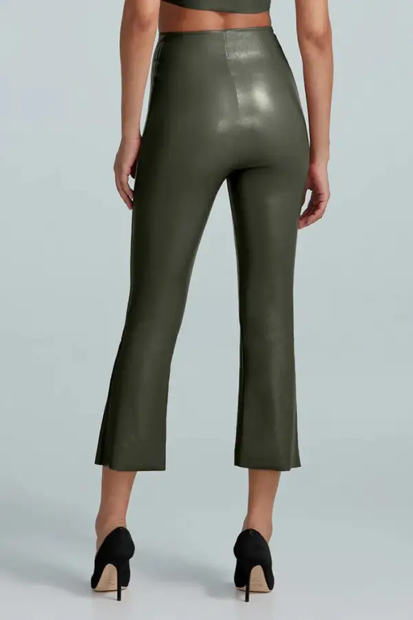 Women's Olive Faux Leather Crop Flare Pants