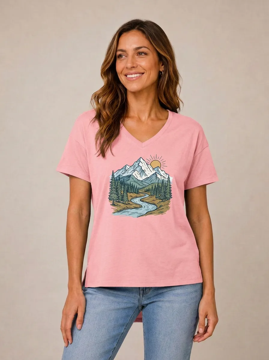 Women's Mountain River Forest Relaxed Graphic V-Neck T-Shirt