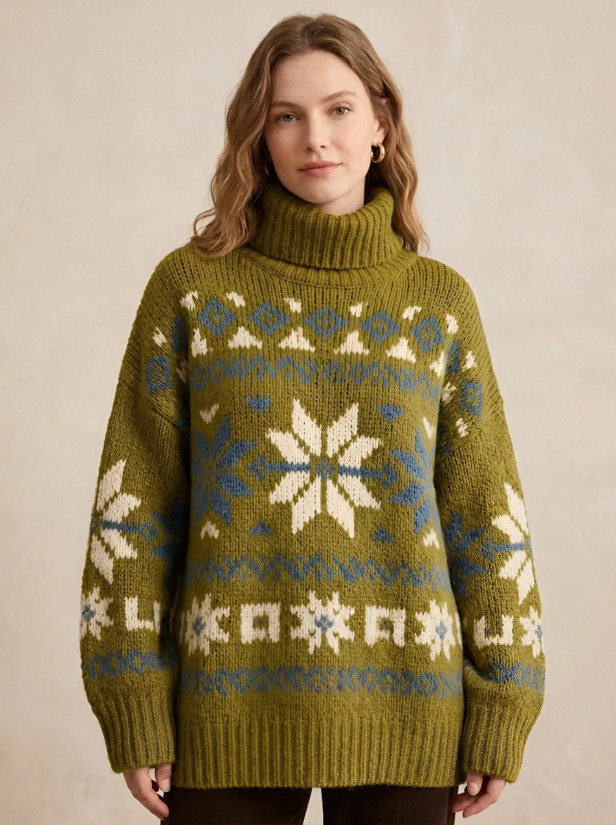 Women's Winter Nordic Snowflake Pattern Printed Turtleneck Sweater