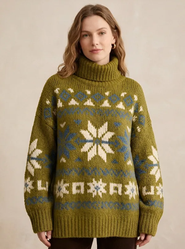Women's Winter Nordic Snowflake Pattern Printed Turtleneck Sweater