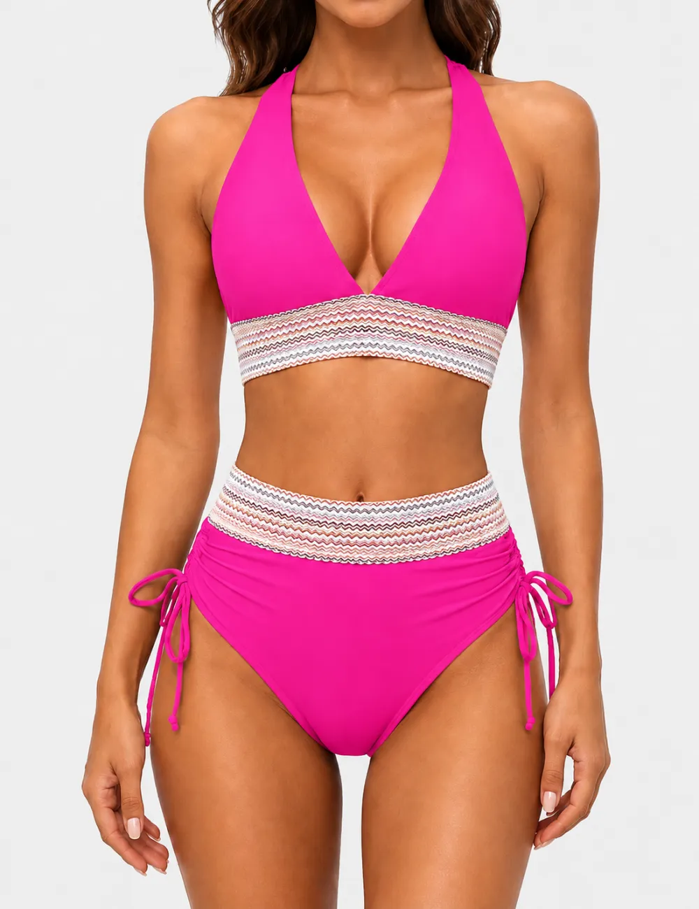 Deep V Neck Colorful Zigzag Smocked Trim Bikini Set