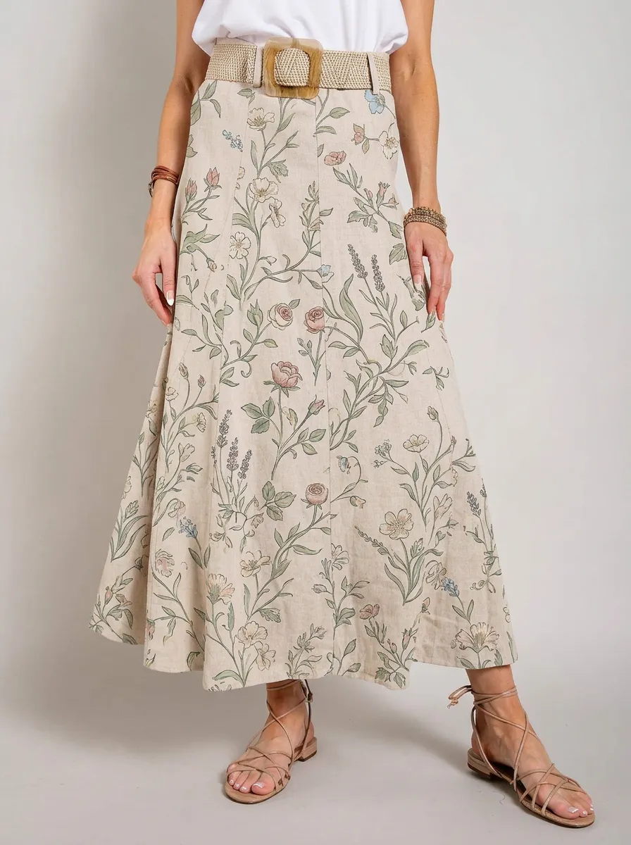 Women's Vintage Floral Botanical Printed A-line Maxi Skirt