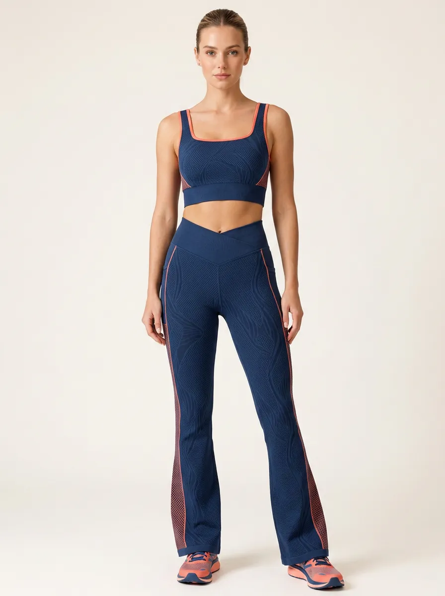 Women's Yoga Fitness Textured Wave Printed Workout Set