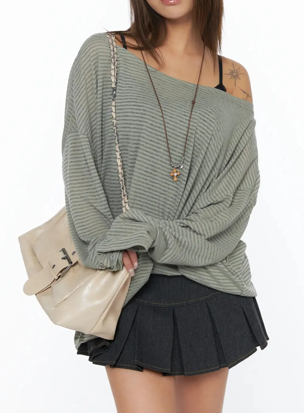 Loose Fit Striped Off-Shoulder Long Sleeve Tee