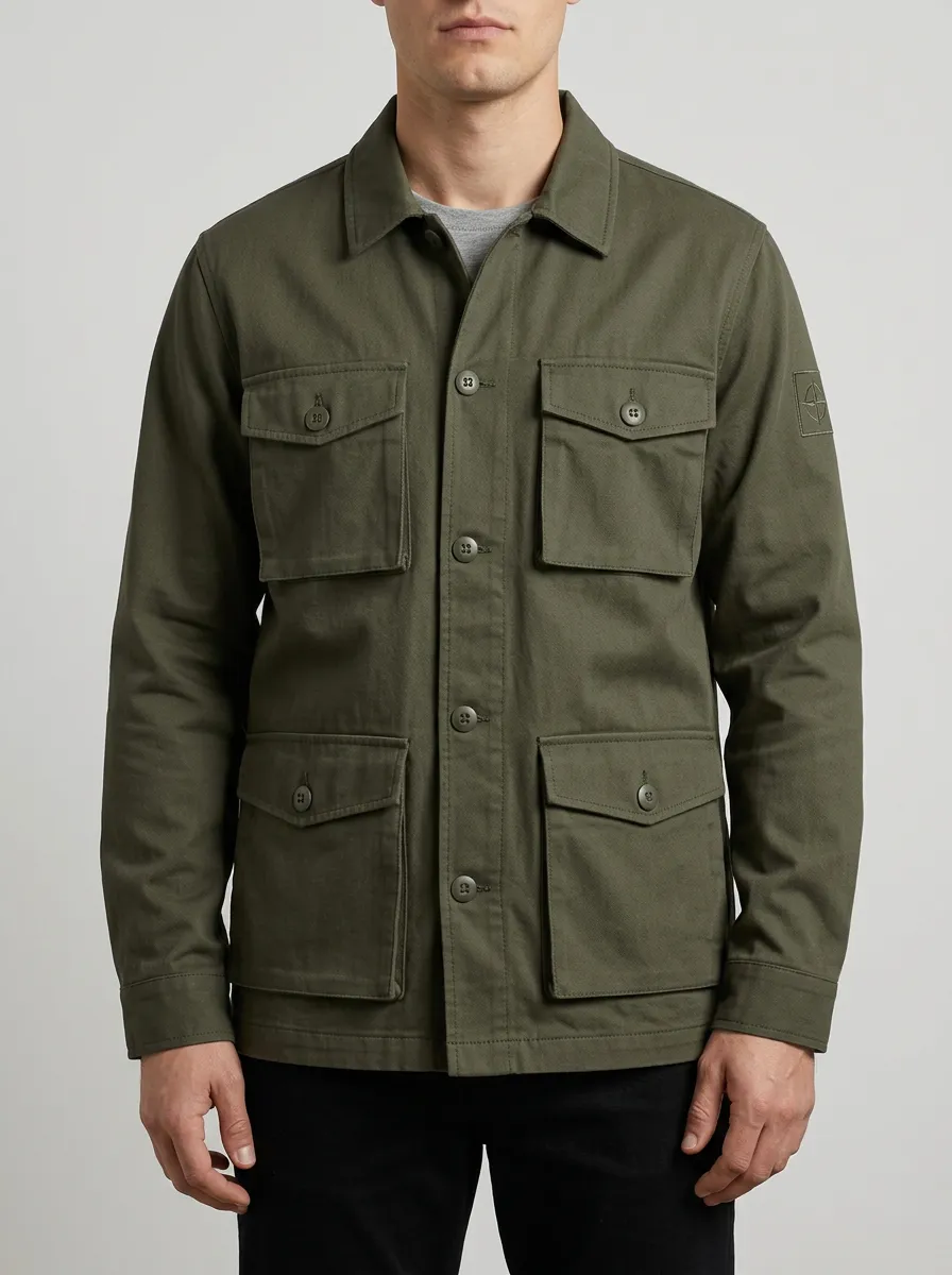Men's Military Style Olive Green Patch Pocket Utility Jacket