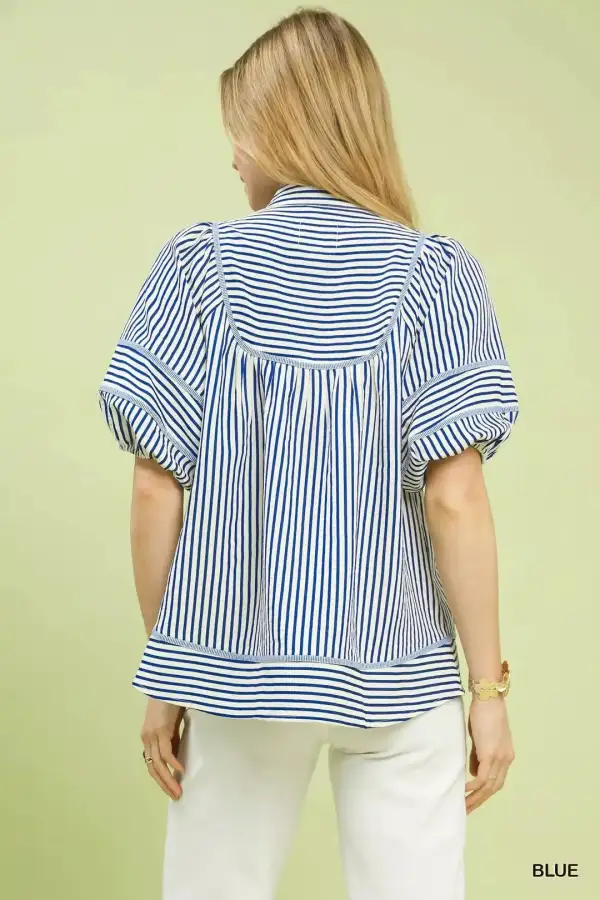 Cotton Striped Puff Sleeve Babydoll Top