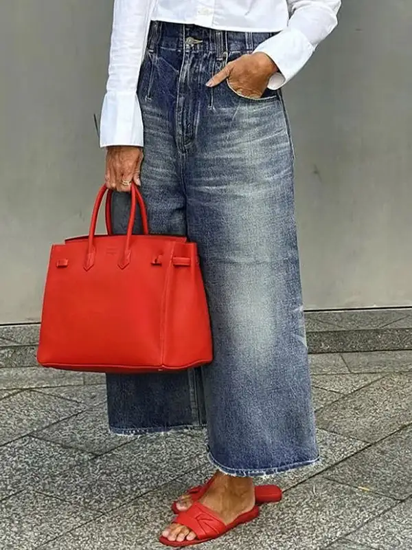 Fringe Detail Relaxed Fit Wide Leg Button Detail Pocket Jeans