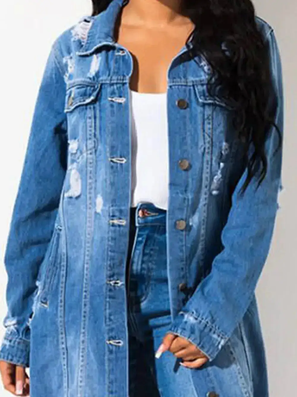 Denim Raw Hem Collared Casual Jacket