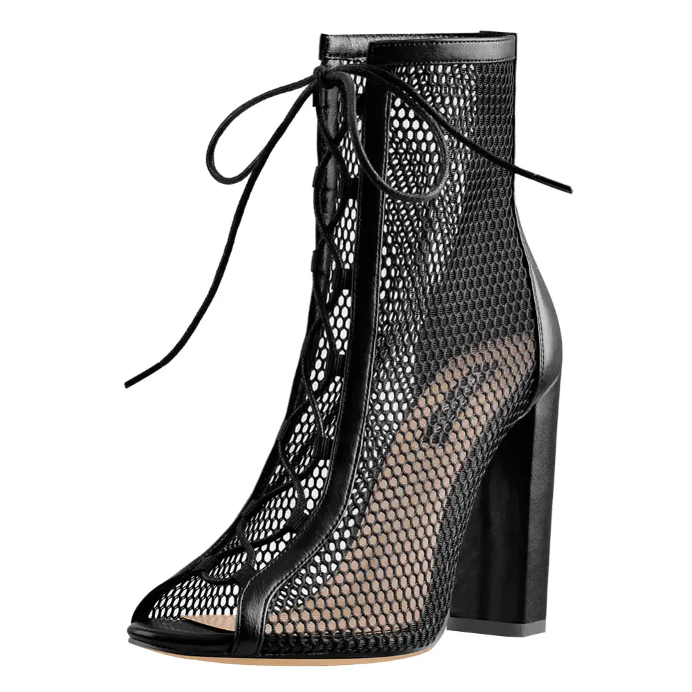 Chunky Heel Peep Toe Lace Up Mesh Ankle Bootie Sandals