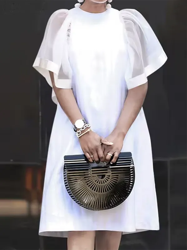 Short Sleeve Pleated See Through Solid Color Split Joint Round Neck
