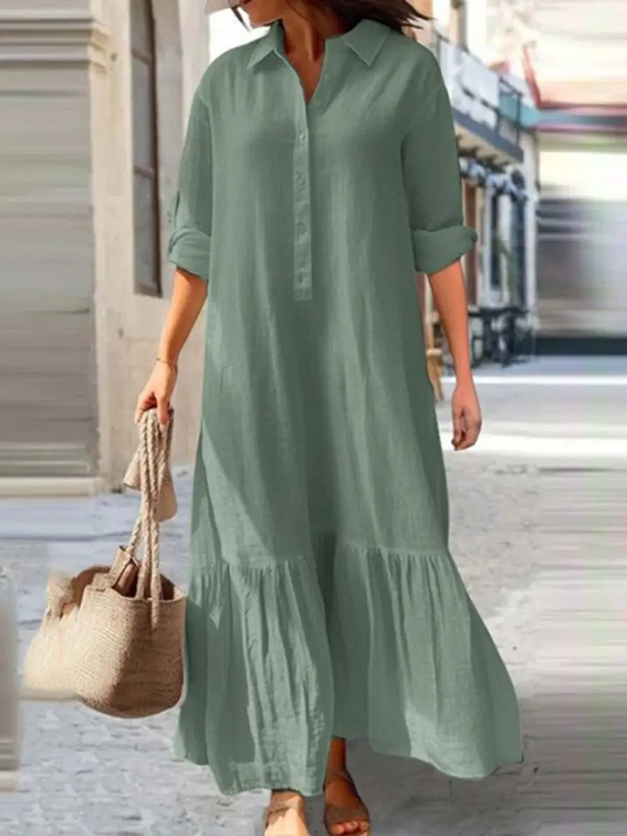 Sleeves Pleated Buttoned Long Maxi Dress